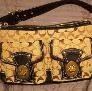 Coach Signature F12869 Legacy Satchel Handbag Khaki Leather Trim Purse